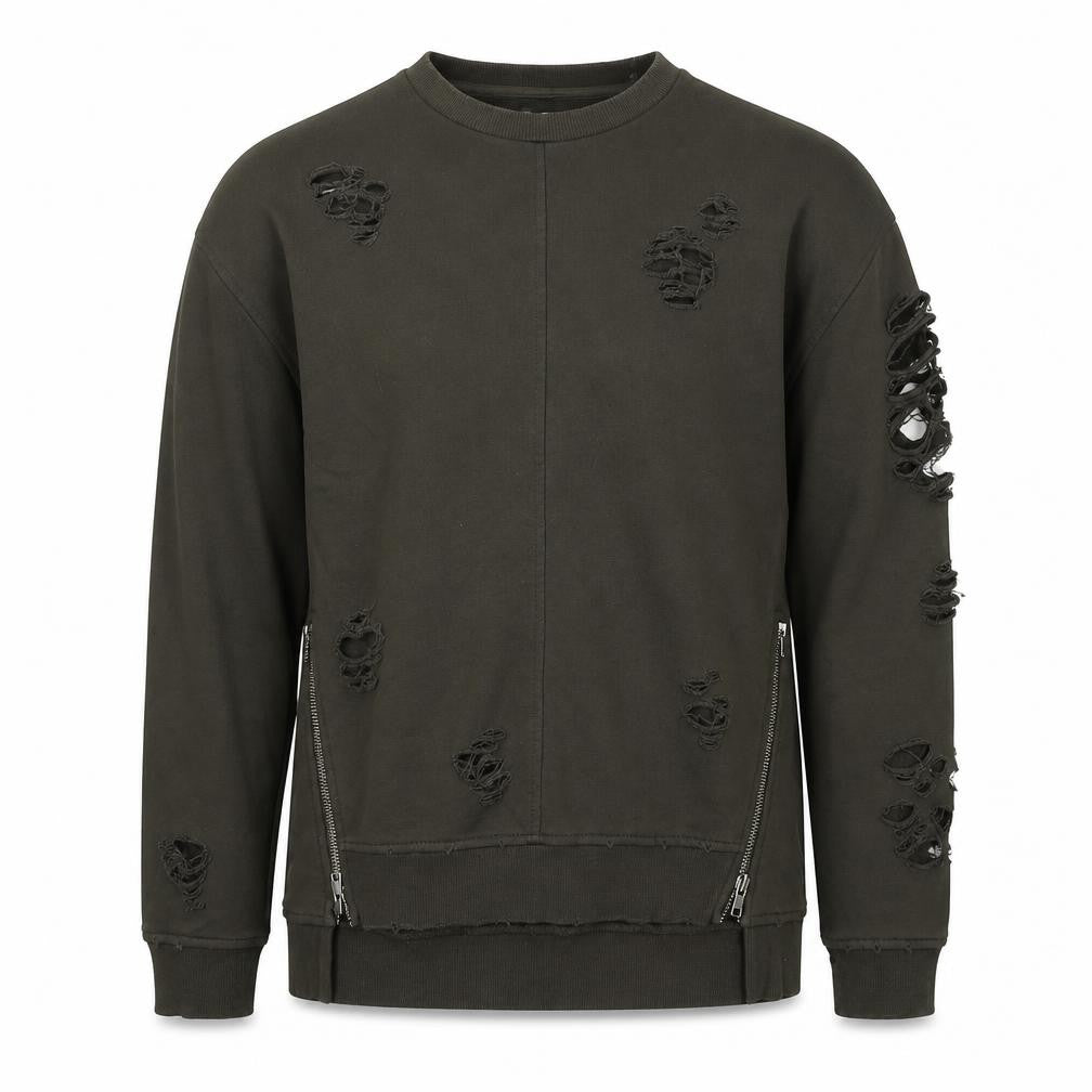 Front view of Joe's men’s green polyester pullover sweatshirt, size XS, - ripped detail