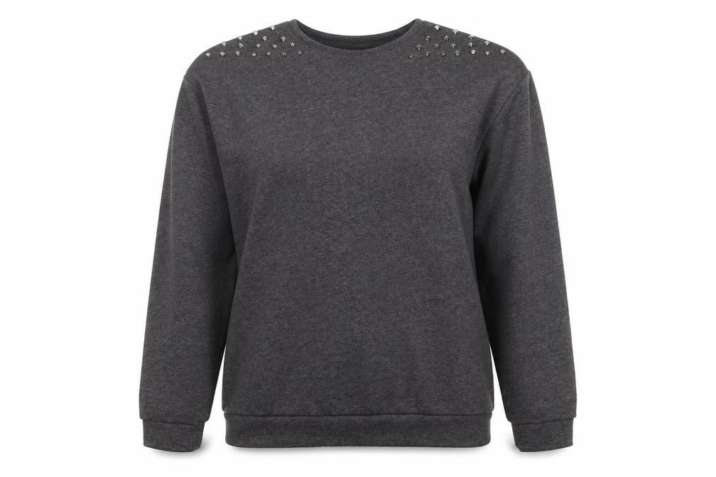 Front view of Glamorous women’s grey polyester pullover sweatshirt, size UK 14, pullover - studs detail