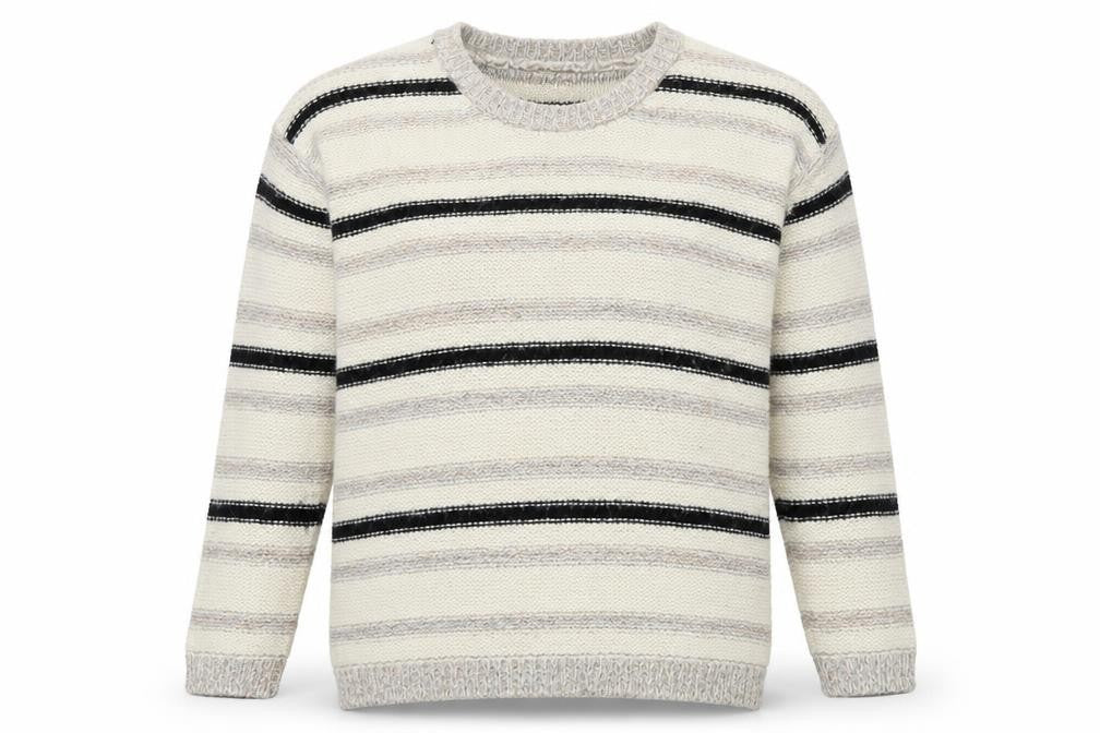 Front view of Cameo Rose women’s beige round neck striped acrylic jumper, size M, -, size M/l