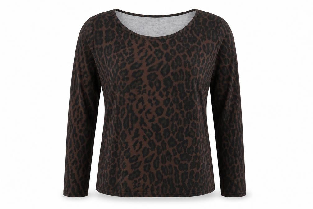 Front view of PRETTYLITTLETHING women’s black animal print polyester basic t-shirt, size UK 10, round neck - leopard print