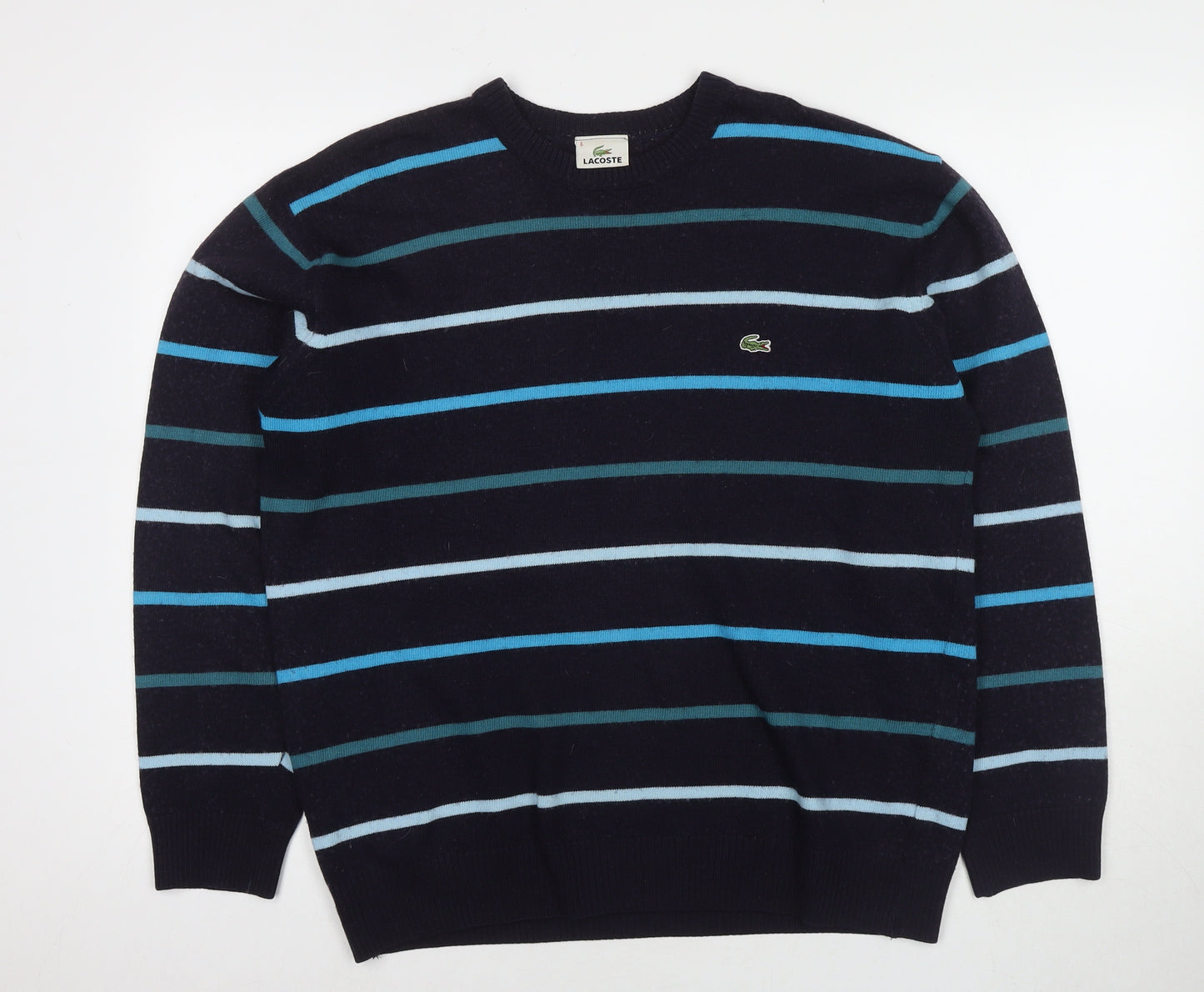Lacoste Mens Blue Round Neck Striped Wool Pullover Jumper Size XL Long Sleeve - Label Size 6