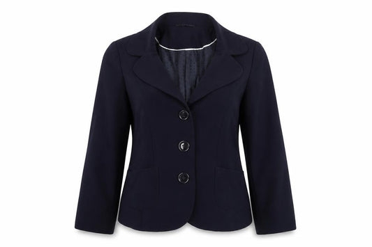 Front view of EWM women’s blue jacket blazer, size UK 12, button