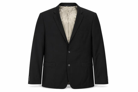 Front view of Topman men’s black polyester jacket suit jacket, size 46, regular
