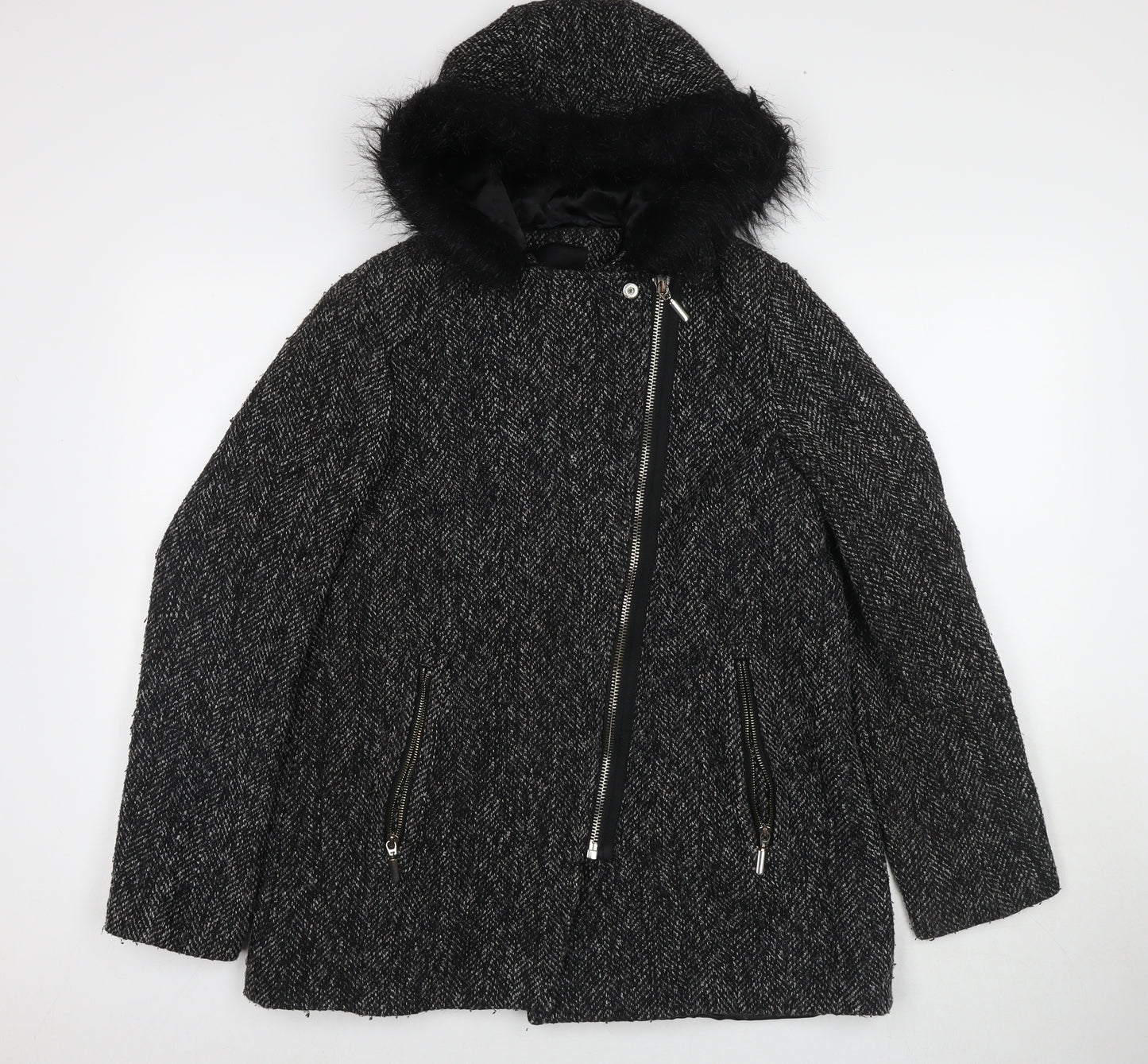 New Look Womens Black Overcoat Jacket Size 12 Zip