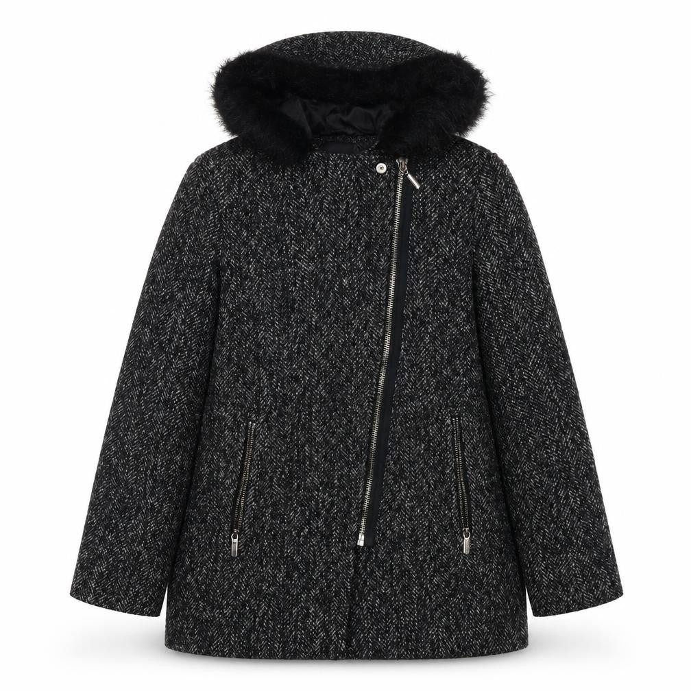 Front view of New Look women’s black overcoat jacket, size UK 12, zip