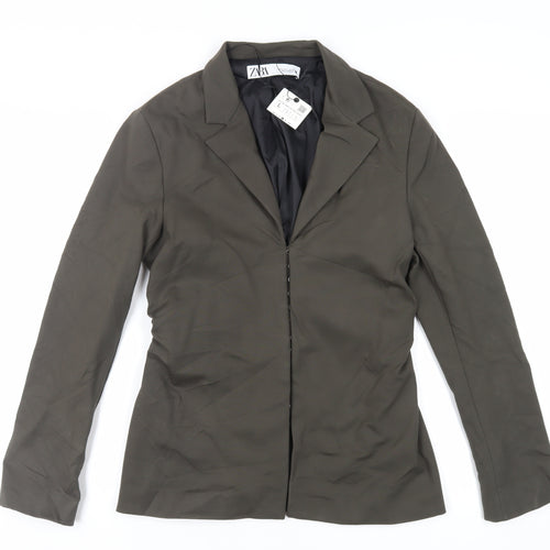Zara Womens Green Jacket Blazer Size L Hook & Eye - Ruched Sides