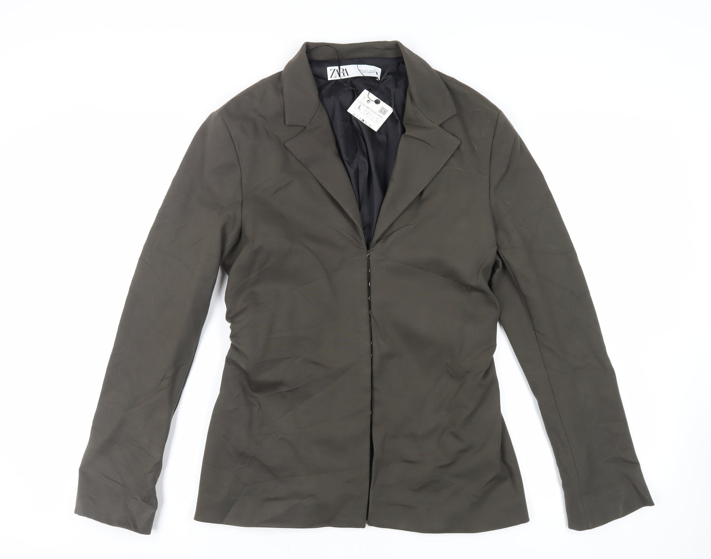 Zara Womens Green Jacket Blazer Size L Hook & Eye - Ruched Sides