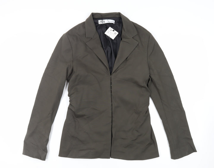 Zara Womens Green Jacket Blazer Size L Hook & Eye - Ruched Sides