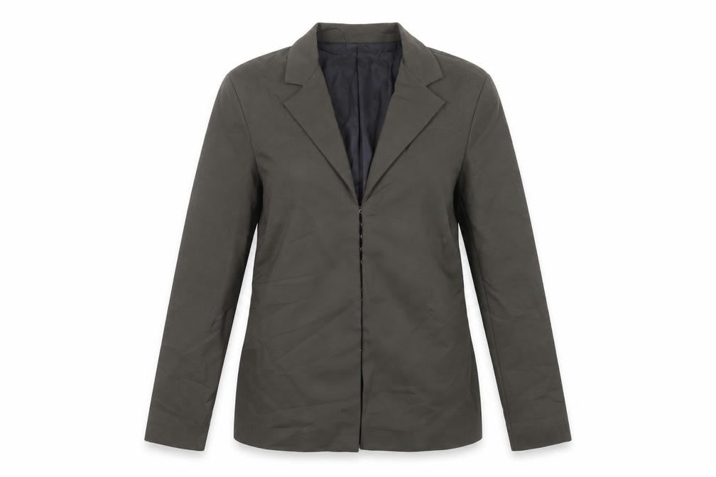 Front view of Zara women’s green jacket blazer, size L, hook & eye - ruched sides