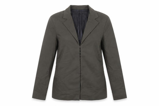 Front view of Zara women’s green jacket blazer, size L, hook & eye - ruched sides