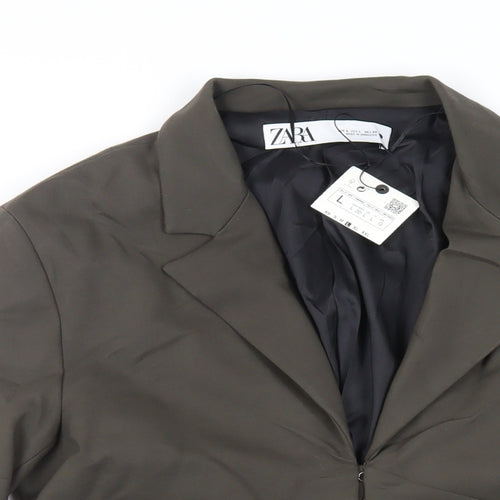 Zara Womens Green Jacket Blazer Size L Hook & Eye - Ruched Sides