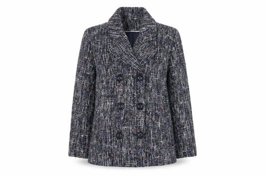 Front view of Classics women’s blue pea coat coat, size UK 18, button
