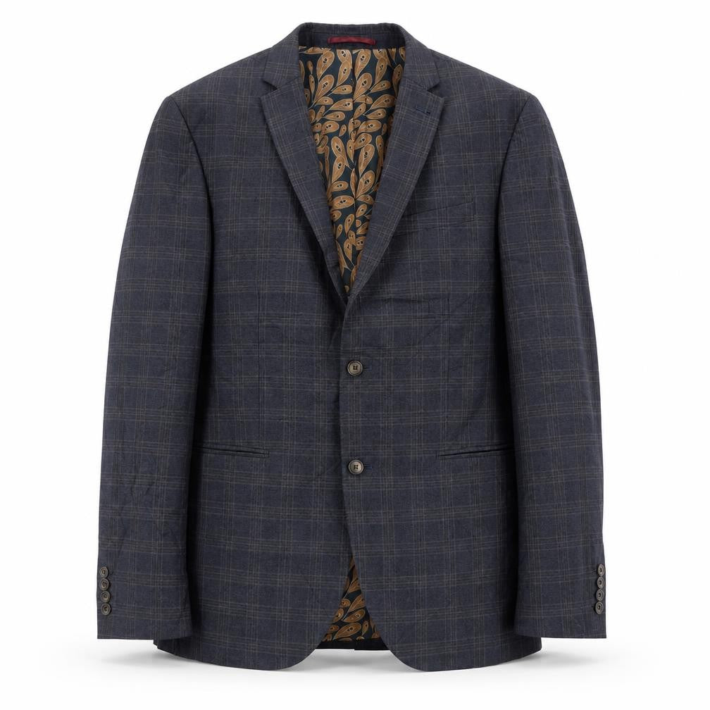 Front view of Next men’s blue plaid polyester jacket suit jacket, size 42, regular
