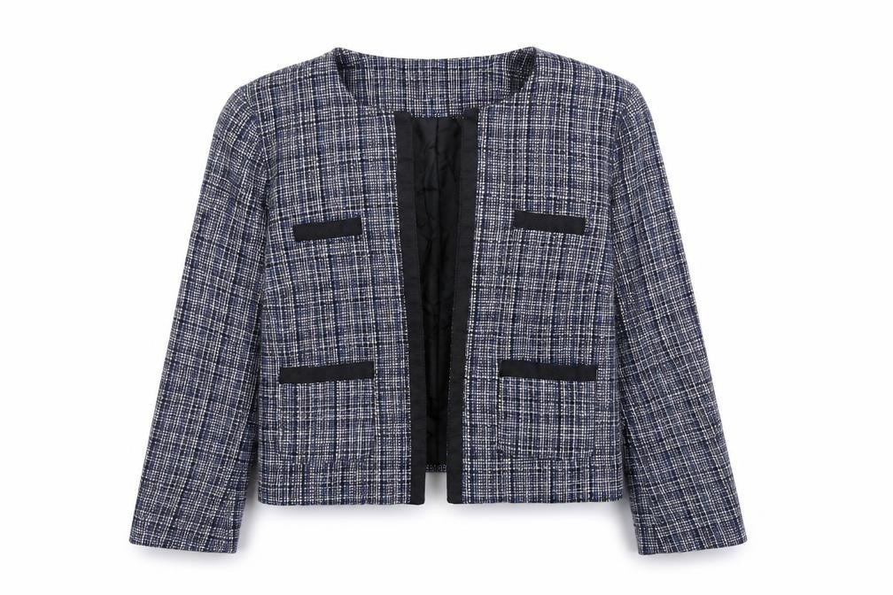 Front view of Oasis women’s blue jacket, size UK 10, - open