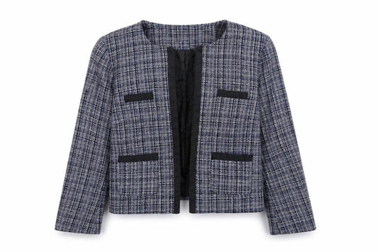 Front view of Oasis women’s blue jacket, size UK 10, - open