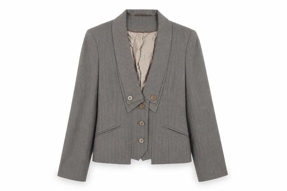 Front view of Next women’s brown striped jacket blazer, size UK 12, button