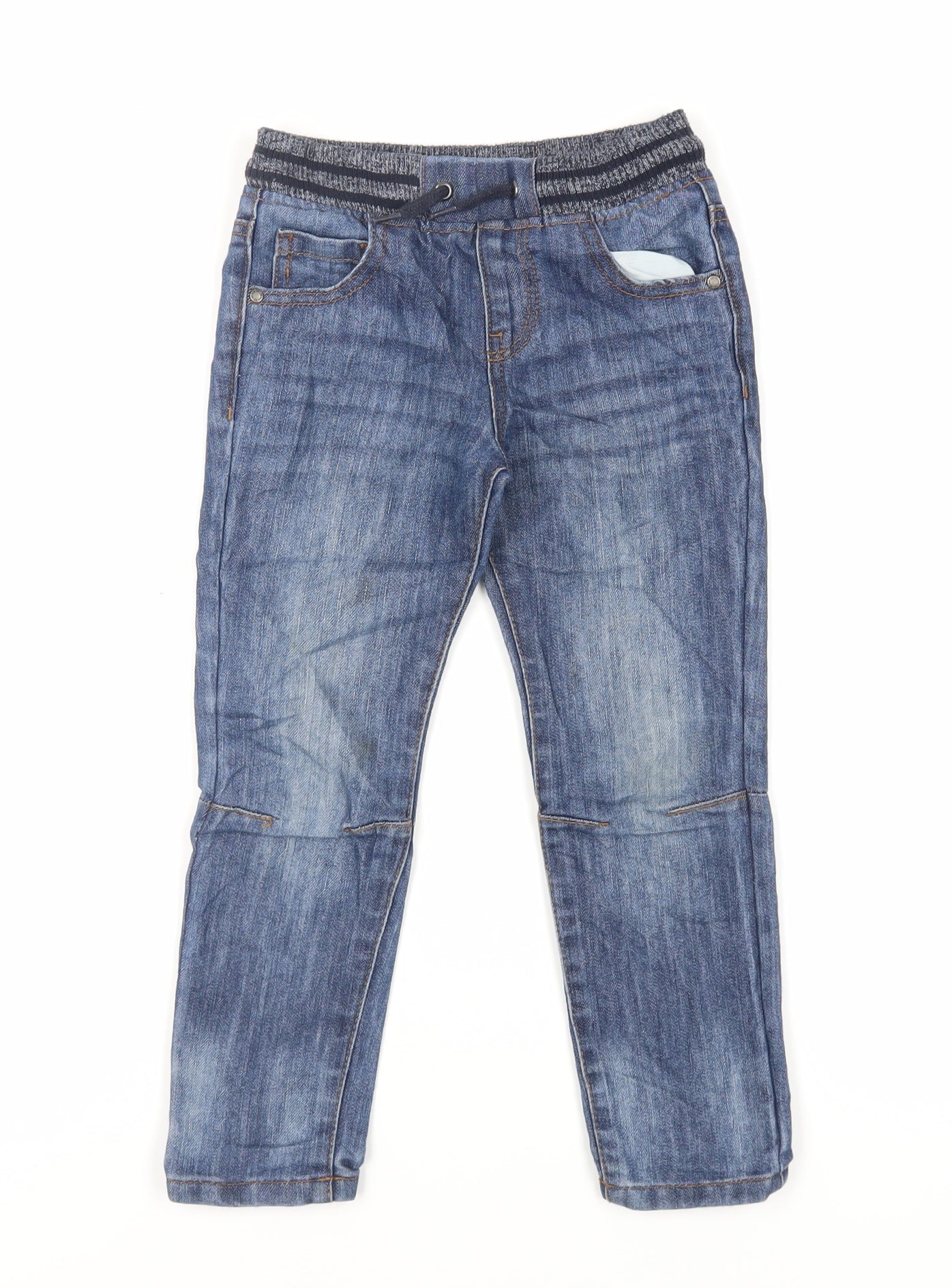 Denim & Co. Boys Blue Cotton Tapered Jeans Size 5-6 Years Regular Drawstring - Adjustable Waist