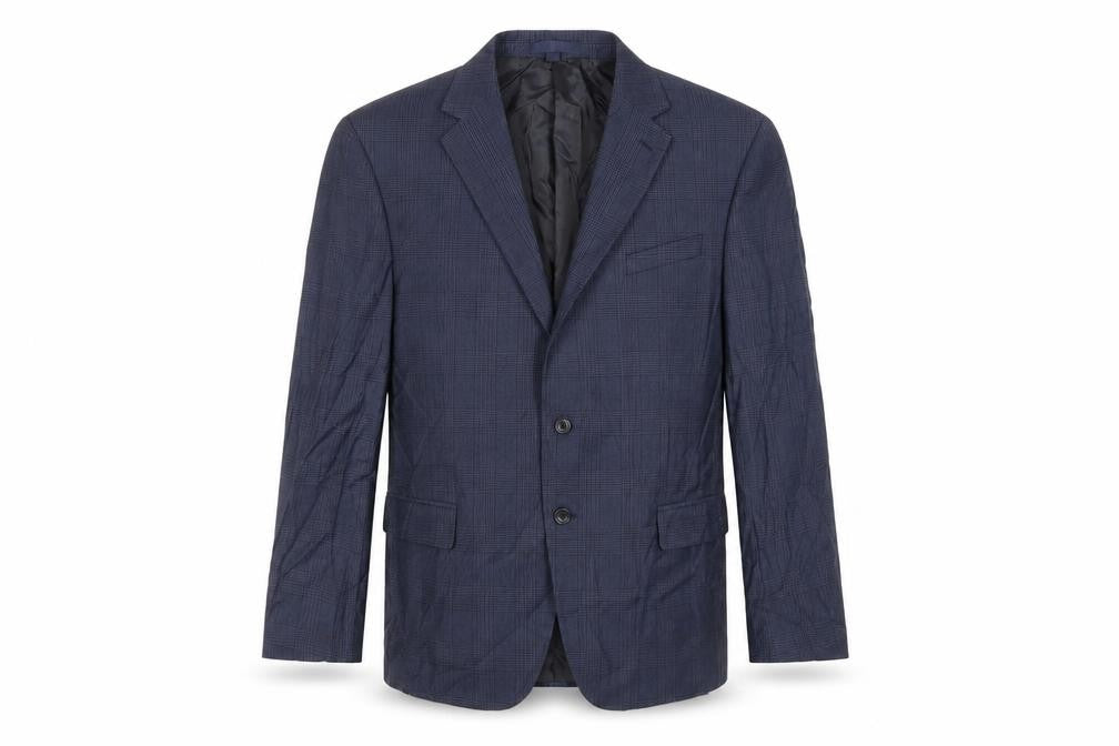 Front view of Marks & Spencer men’s blue plaid wool jacket suit jacket, size 46, regular