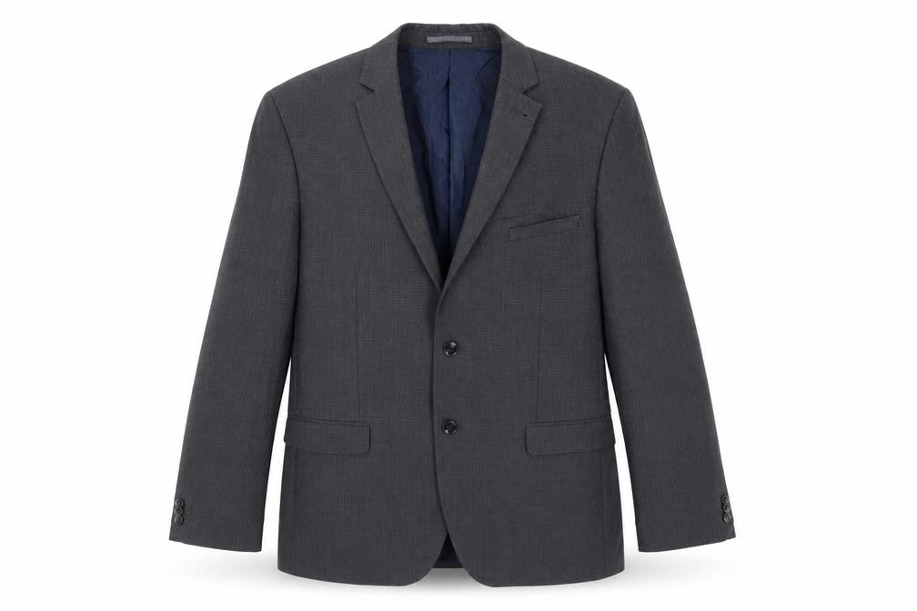 Front view of Marks & Spencer men’s blue plaid polyester jacket suit jacket, size 42, regular