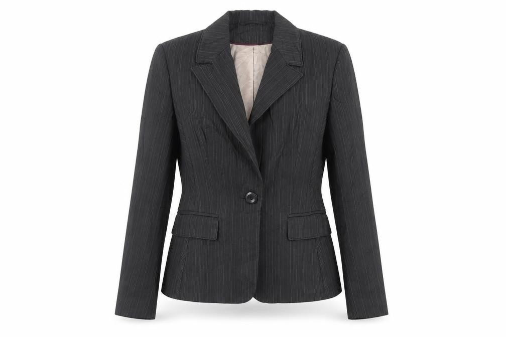 Front view of Next women’s black striped jacket blazer, size UK 8