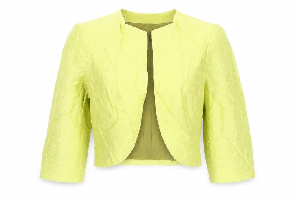 Front view of Mayfair House women’s green jacket, size UK 10, - open