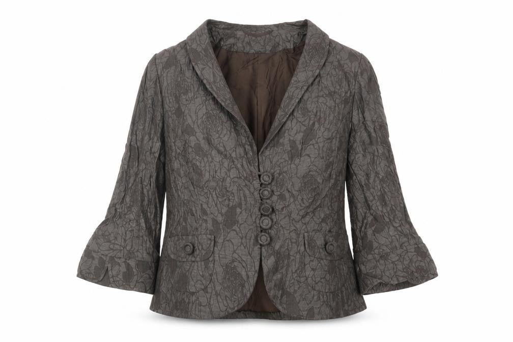 Front view of Paddy Campbell women’s brown floral jacket, size UK 14, button