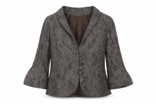 Front view of Paddy Campbell women’s brown floral jacket, size UK 14, button