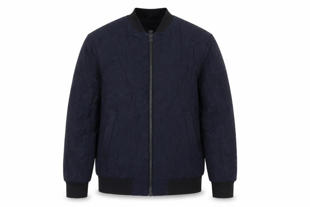 Front view of H&M men’s blue bomber jacket jacket, size M, zip
