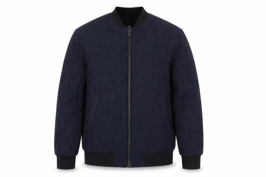 Front view of H&M men’s blue bomber jacket jacket, size M, zip