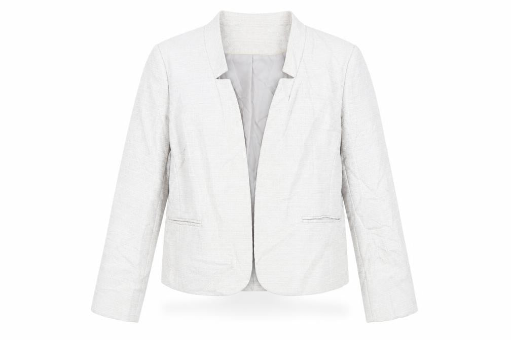 Front view of Bonmarché women’s beige jacket blazer, size UK 14, - open