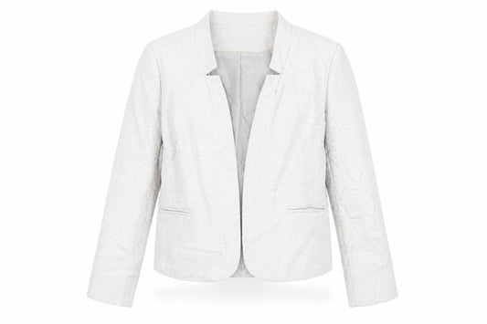 Front view of Bonmarché women’s beige jacket blazer, size UK 14, - open