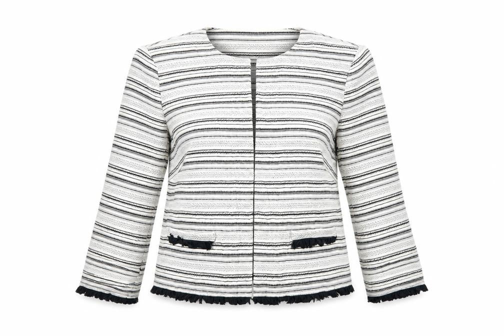 Front view of Marks & Spencer women’s white striped jacket blazer, size UK 12, - open