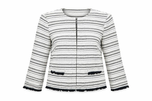 Front view of Marks & Spencer women’s white striped jacket blazer, size UK 12, - open