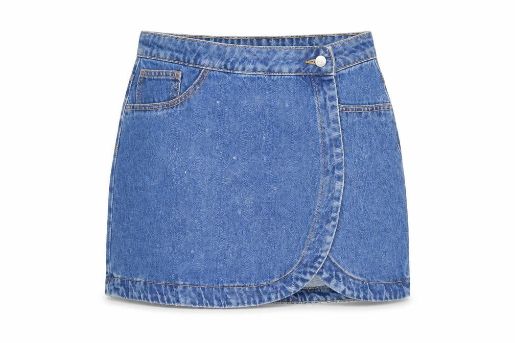 Front view of Denim & Co. women’s blue cotton wrap skirt, size UK 10, button - pockets