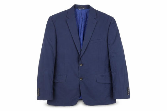 Front view of Marks & Spencer men’s blue polyester jacket suit jacket, size 42, regular