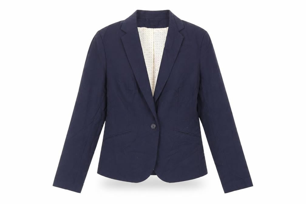 Front view of H&M women’s blue jacket blazer, size UK 10, button