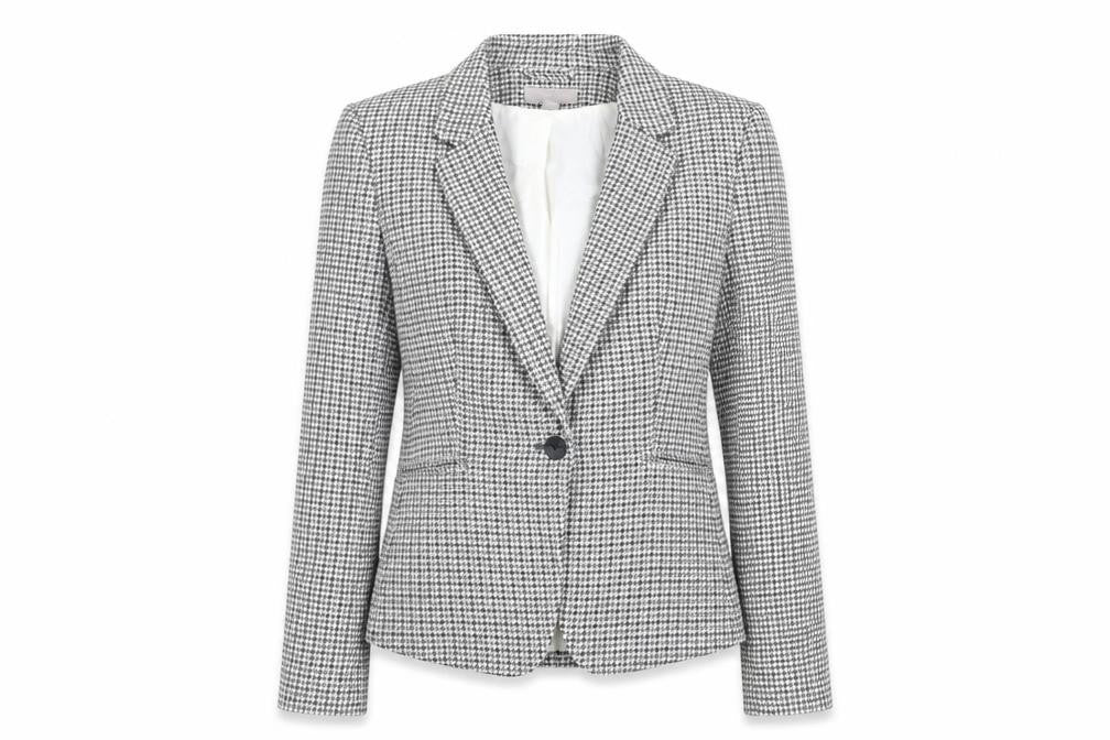 Front view of H&M women’s grey geometric jacket blazer, size UK 12, button