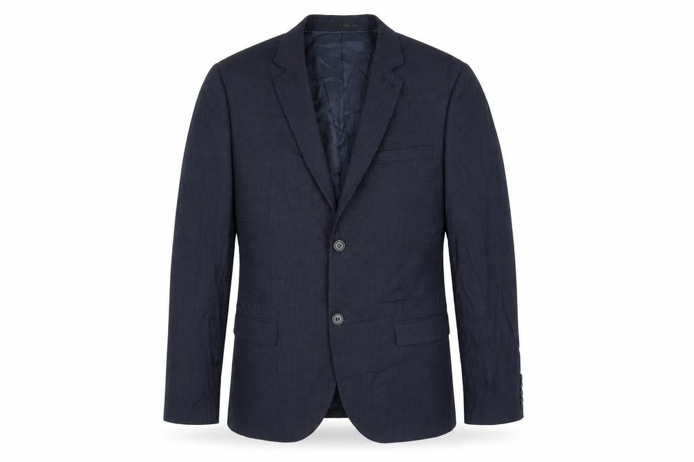 Front view of Topman men’s blue check polyester jacket suit jacket, size 40, regular