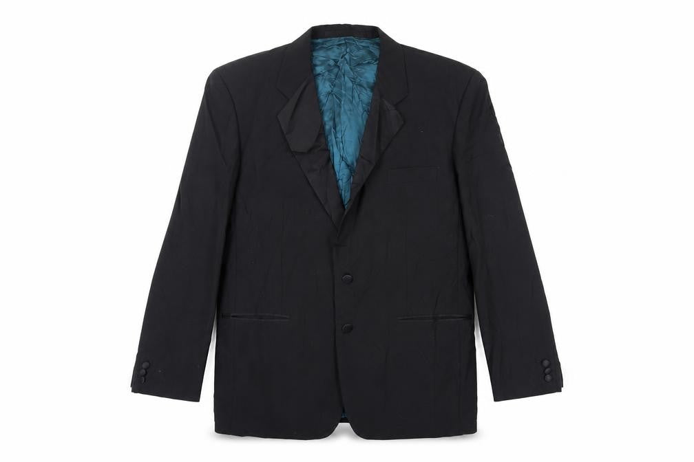 Front view of St Michael men’s black polyester tuxedo suit jacket, size 44, regular - vintage