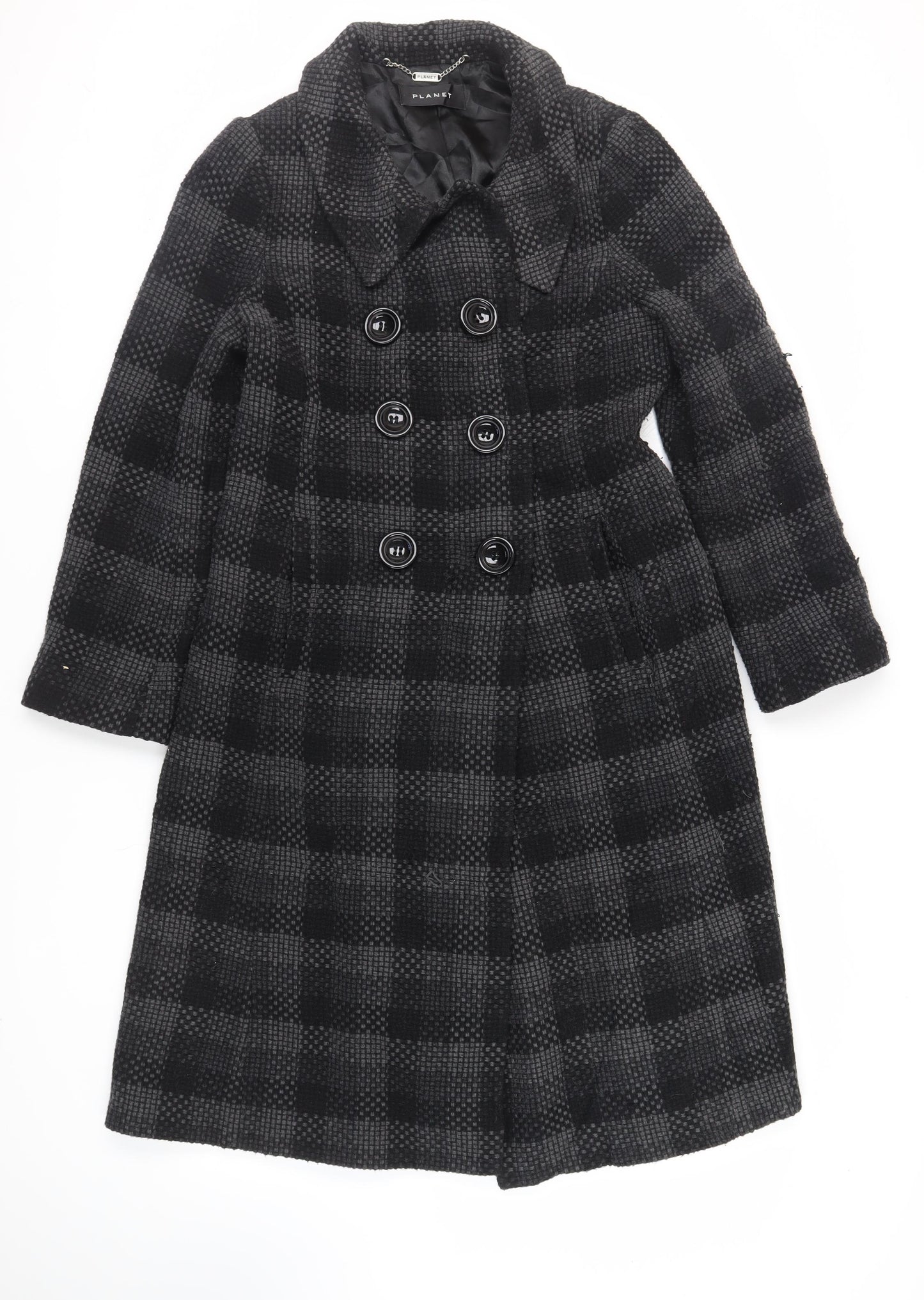 Planet Womens Black Check Pea Coat Coat Size 12 Button