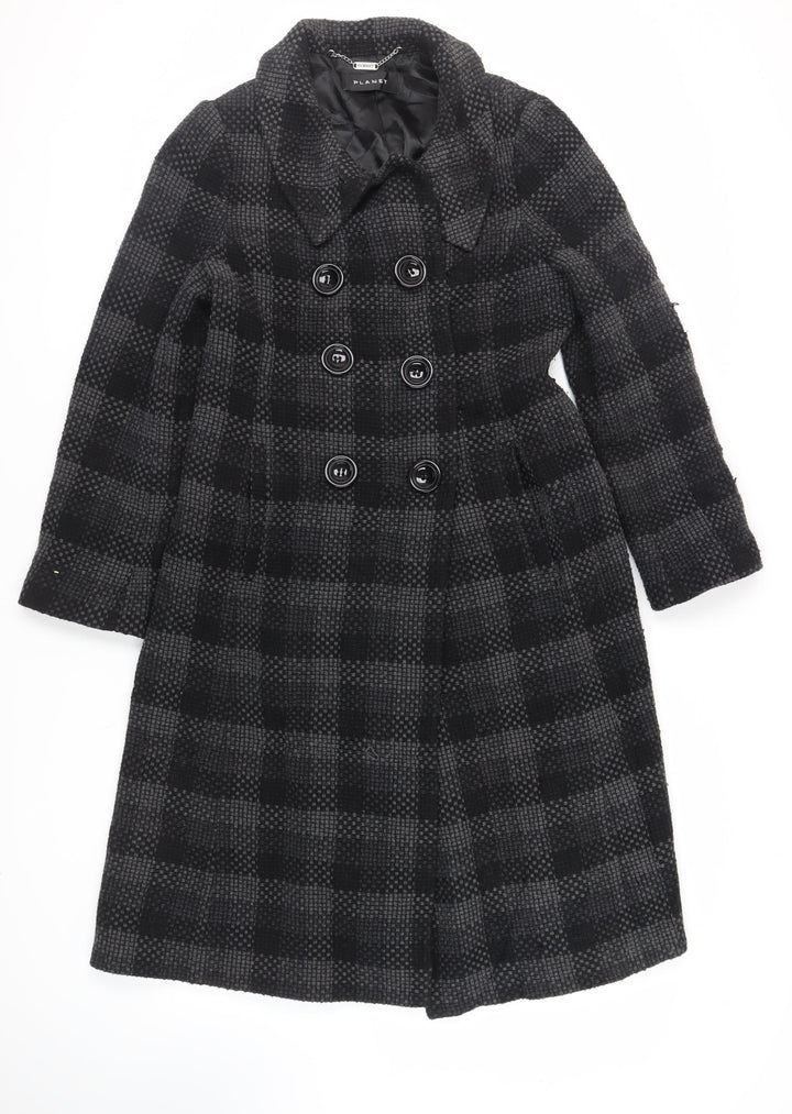 Planet Womens Black Check Pea Coat Coat Size 12 Button