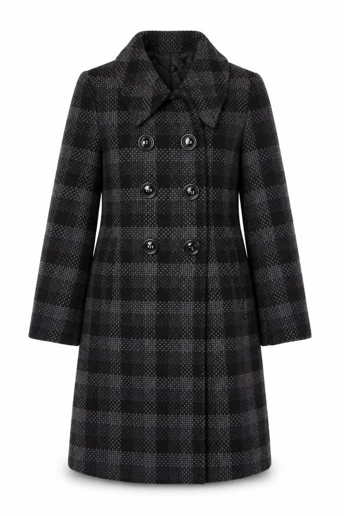 Front view of Planet women’s black check pea coat coat, size UK 12, button