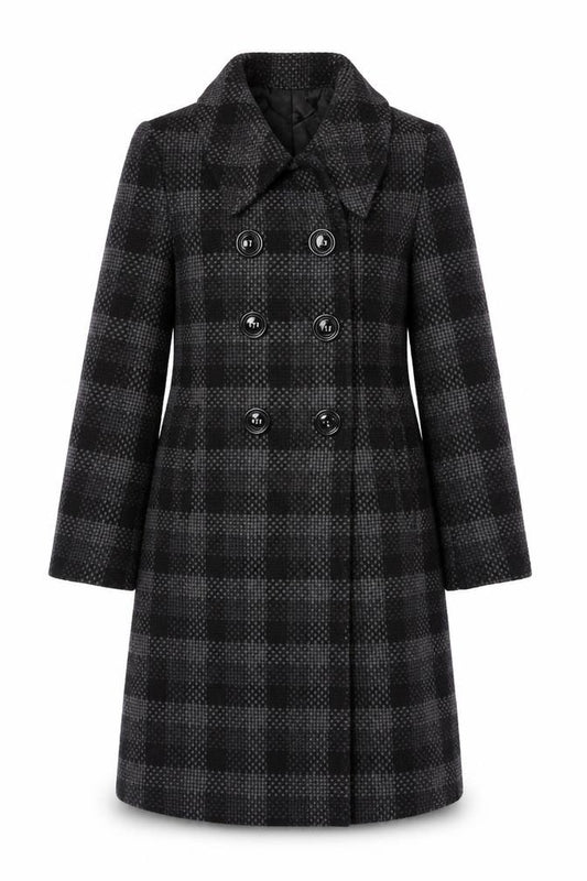 Front view of Planet women’s black check pea coat coat, size UK 12, button