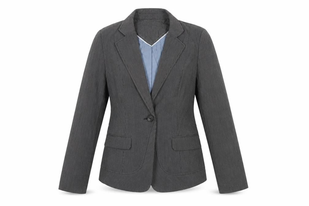 Front view of Next women’s black striped jacket blazer, size UK 10, button