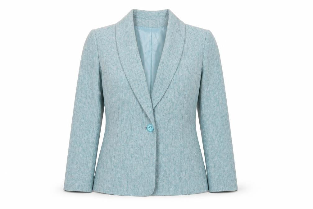 Front view of EWM women’s green jacket blazer, size UK 10, button