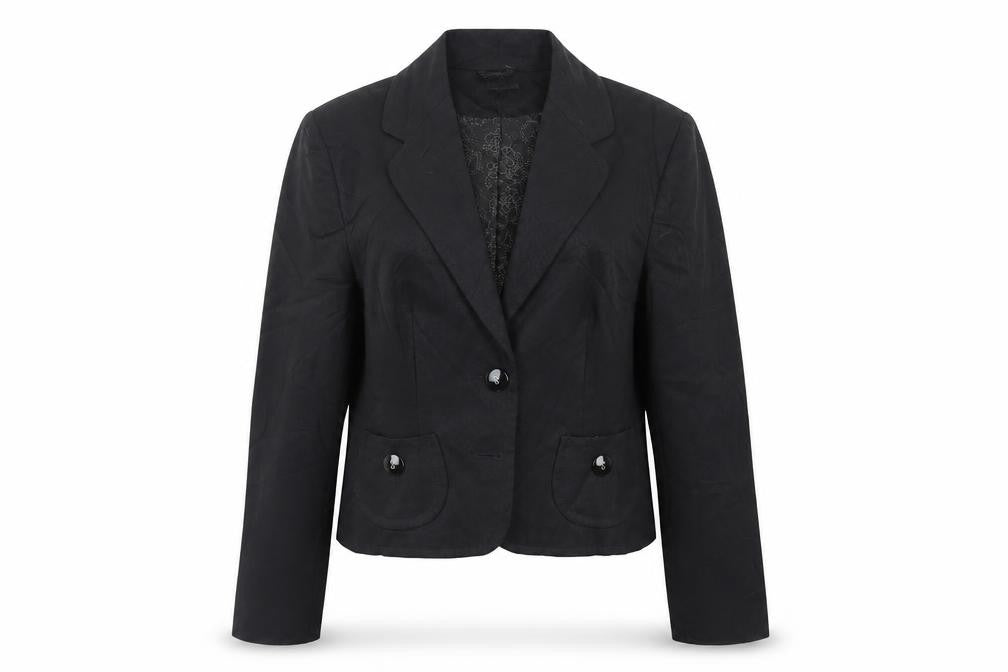 Front view of Savida women’s black jacket blazer, size UK 14, button