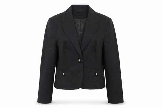 Front view of Savida women’s black jacket blazer, size UK 14, button
