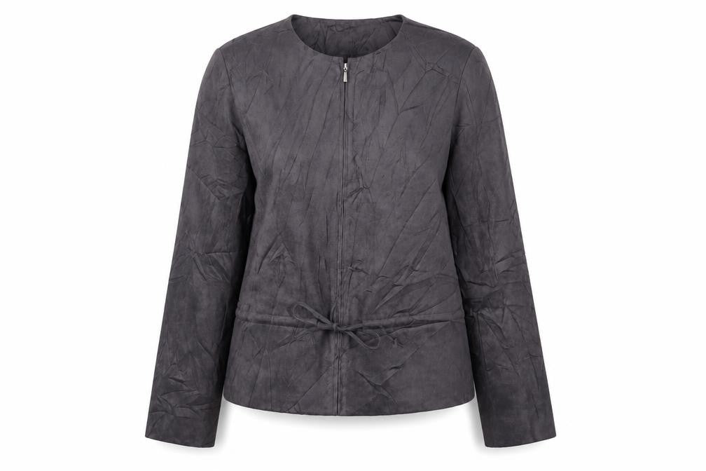 Front view of Marks & Spencer women’s grey jacket, size UK 12, zip - suede effect
