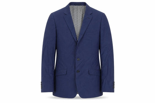 Front view of Dobell men’s blue polyester jacket suit jacket, size 40, regular