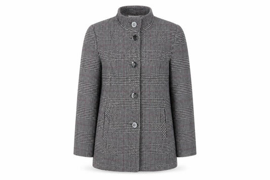 Front view of Classics women’s grey plaid jacket blazer, size UK 10, button